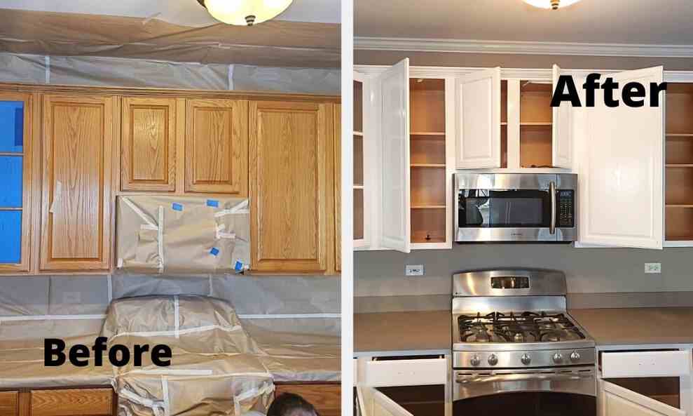 The image shows the before and after of refinished kitchen cabinets with the microwave and oven covered in paper to protect them from the refinishing, the before shows light brown wood cabinets and the after shows white painted cabinets.